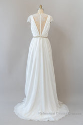 Long Sheath V-neck Lace Chiffon Wedding Dresses with Cap Sleeves